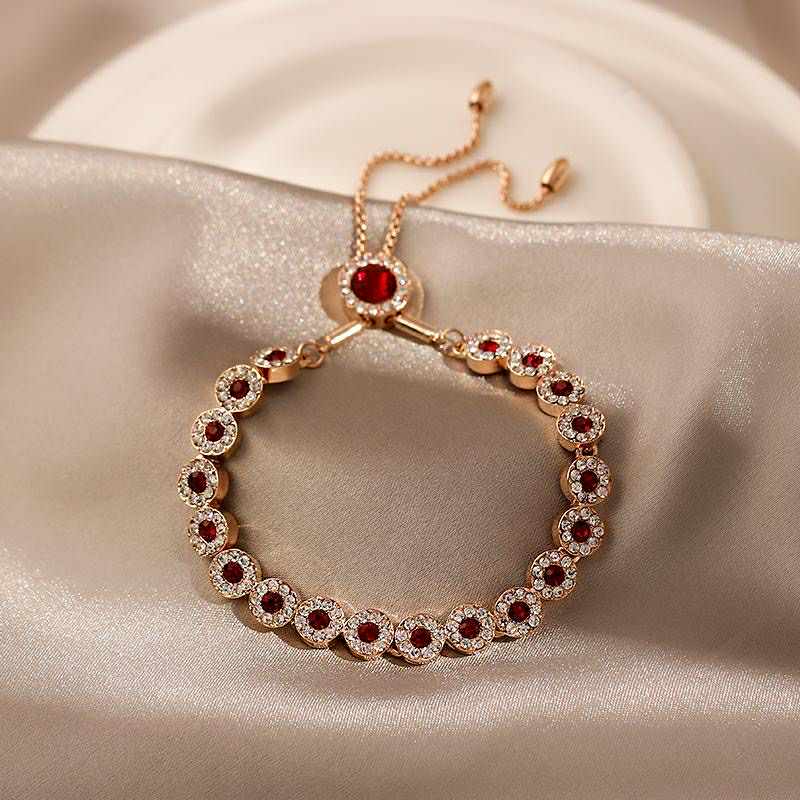 Elegant Ruby Halo Bracelet – Adjustable Chain with Red & White Crystals