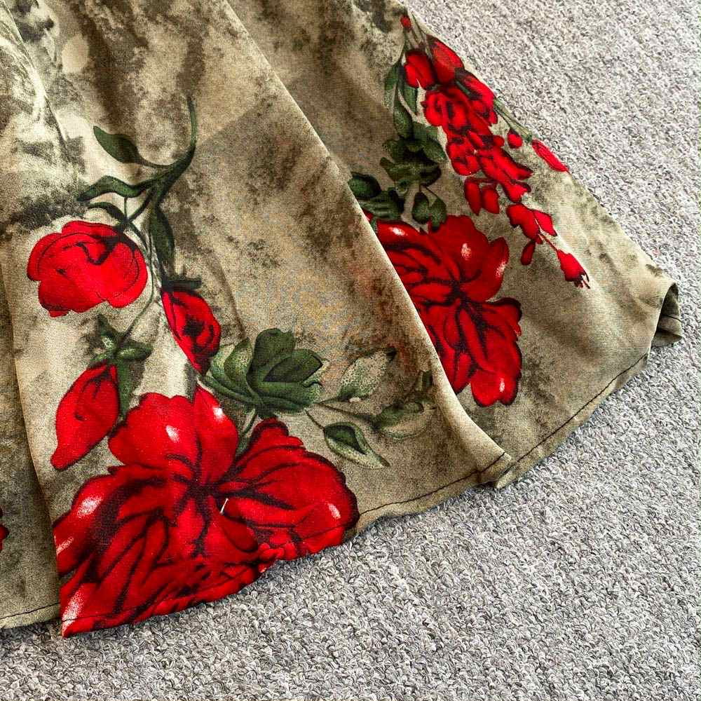 Vintage Olive Rose Dress – Red Floral Print Backless Gown