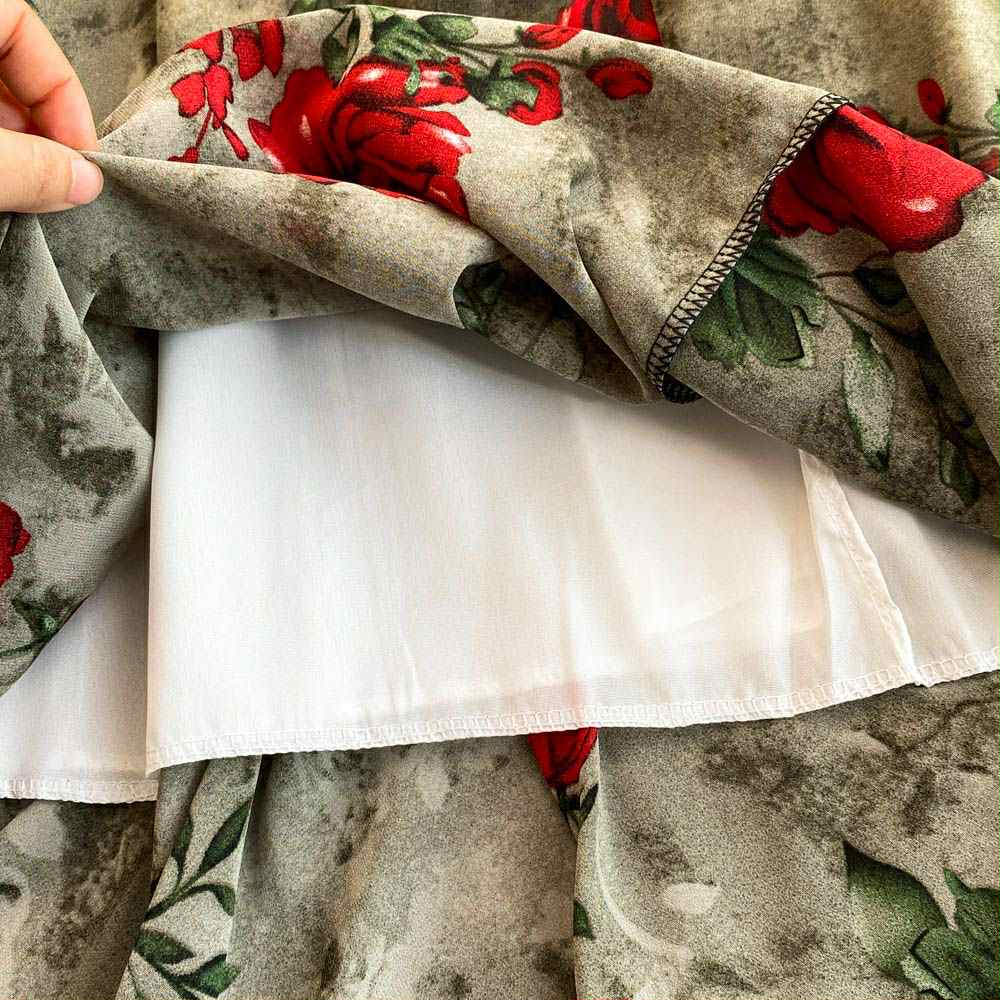 Vintage Olive Rose Dress – Red Floral Print Backless Gown