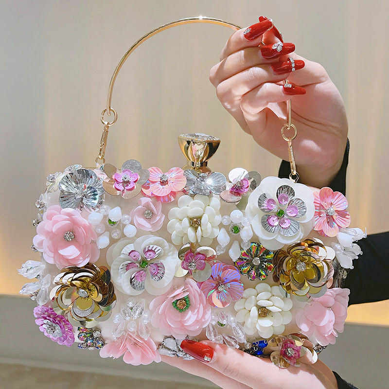 3D Floral Crystal Clutch – Multicolor Handcrafted Bloom Purse with Crown Clasp