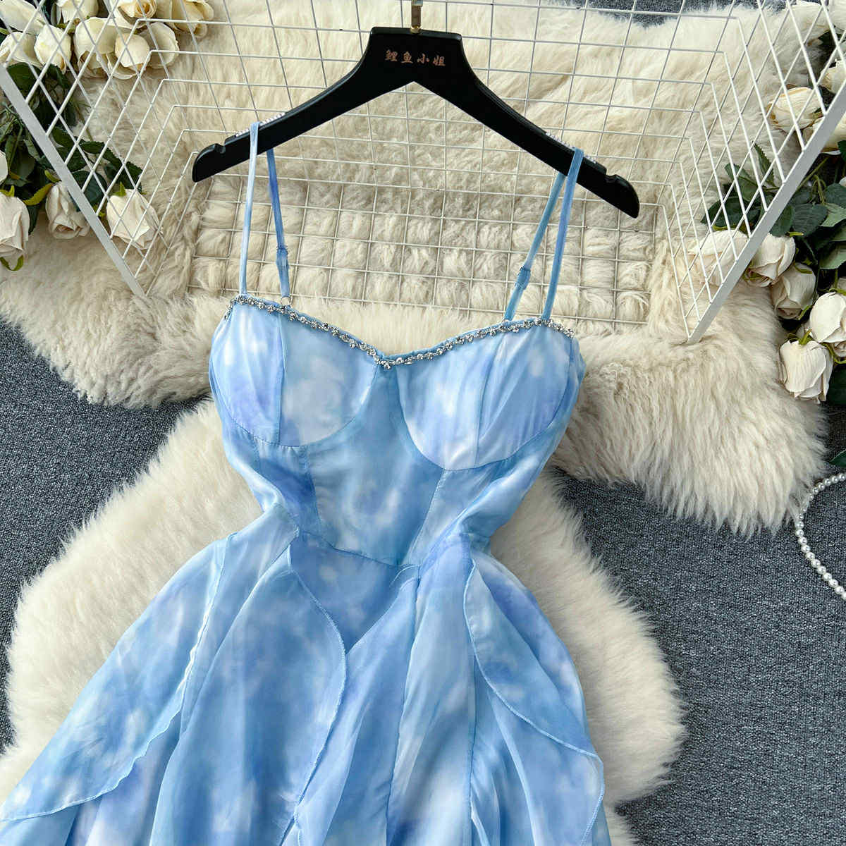 Sky Blue Ruffle Layered Maxi Dress – Spaghetti Strap Gown