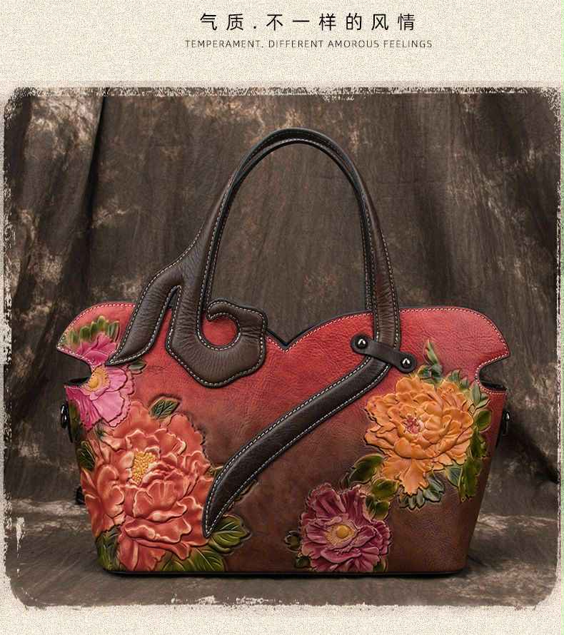 Vintage Handcrafted Leather Floral Tote – Artistic Statement Bag