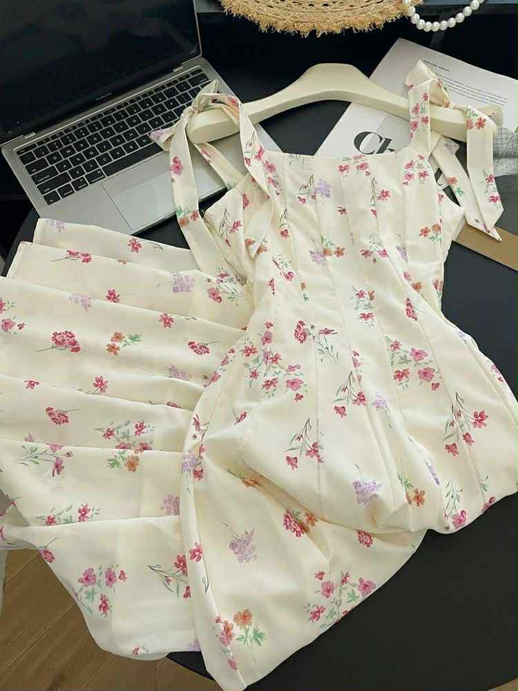 Soft Cream Floral Tie-Strap Sundress – Summer & Casual Wear