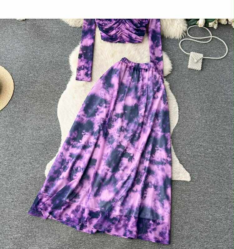 Purple Tie-Dye Ruched Crop Top & Maxi Skirt Set – 2 Piece