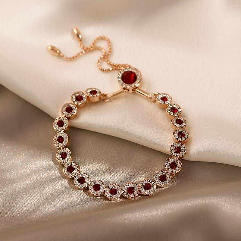 Elegant Ruby Halo Bracelet – Adjustable Chain with Red & White Crystals