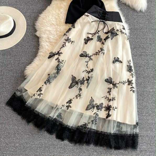 Butterfly Embroidered Mesh Skirt Set – Elegant Black & White Two-Piece