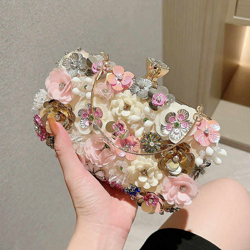 3D Floral Crystal Clutch – Multicolor Handcrafted Bloom Purse with Crown Clasp
