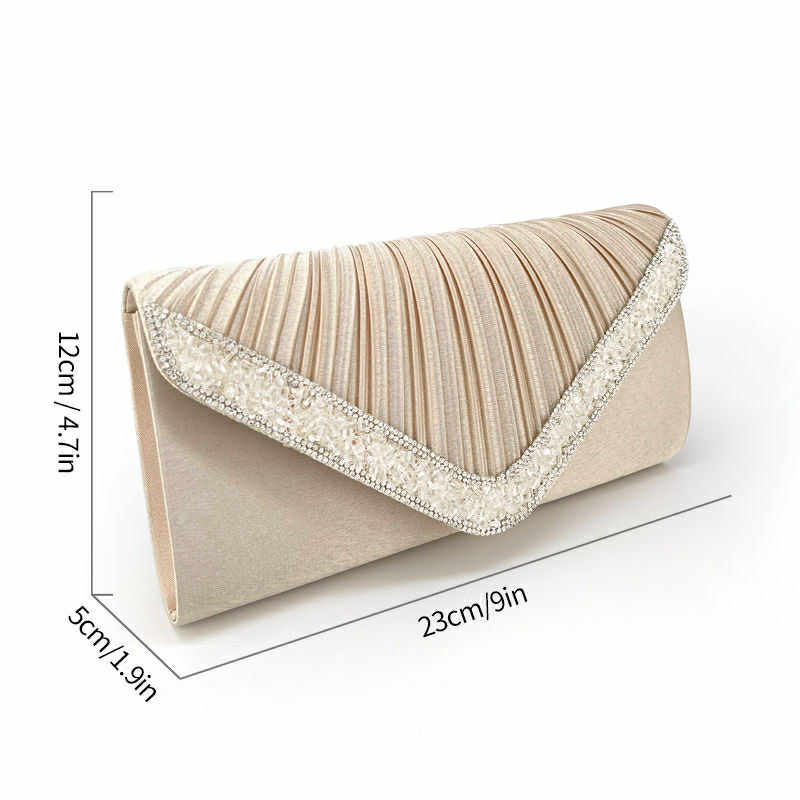 Champagne Crystal Trim Pleated Clutch – Elegant Bridal & Party Purse
