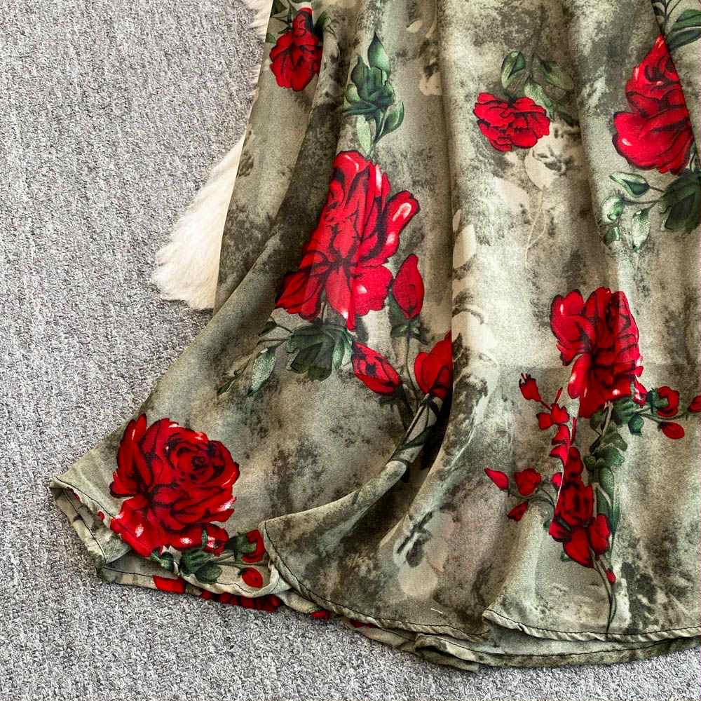 Vintage Olive Rose Dress – Red Floral Print Backless Gown