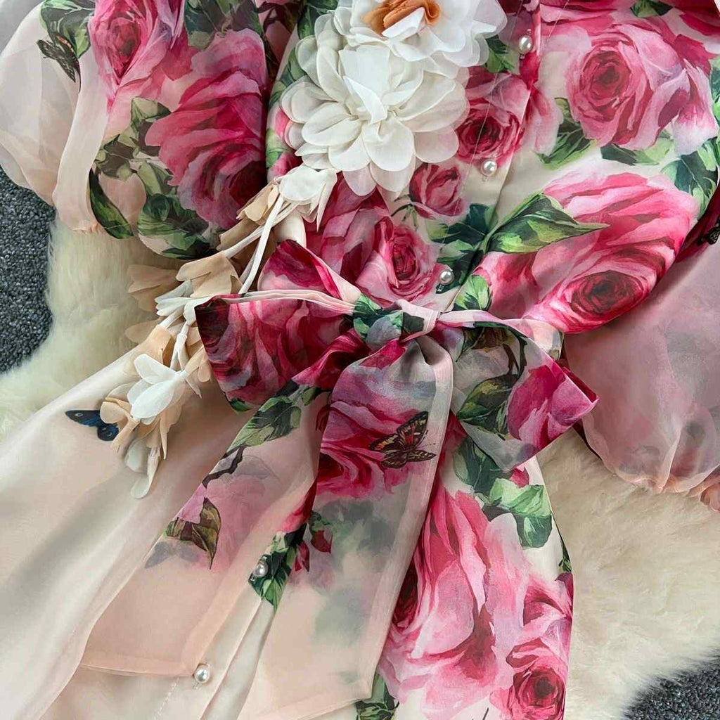 Blush Pink Organza Rose Garden Dress – Puff Sleeve Button-Down Maxi