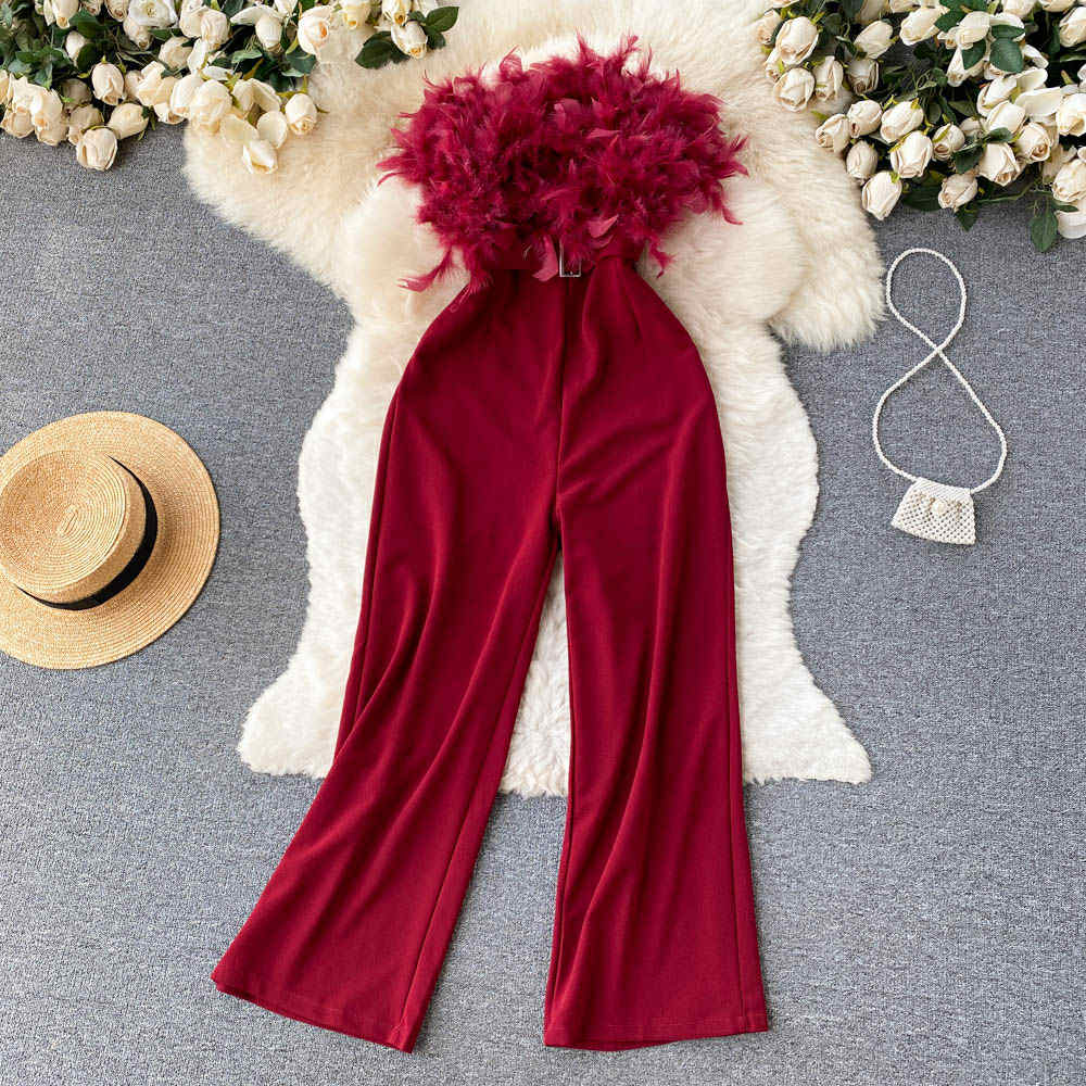 Glam Burgundy Feather Tube Jumpsuit – Party Wear