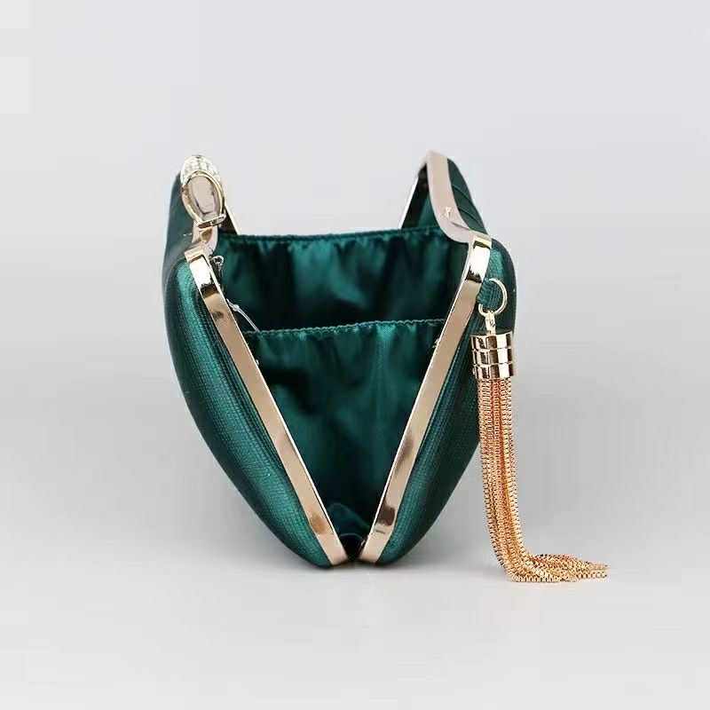 Emerald Satin Clutch with Rhinestone Clasp & Gold Chain – Glam Evening Purse
