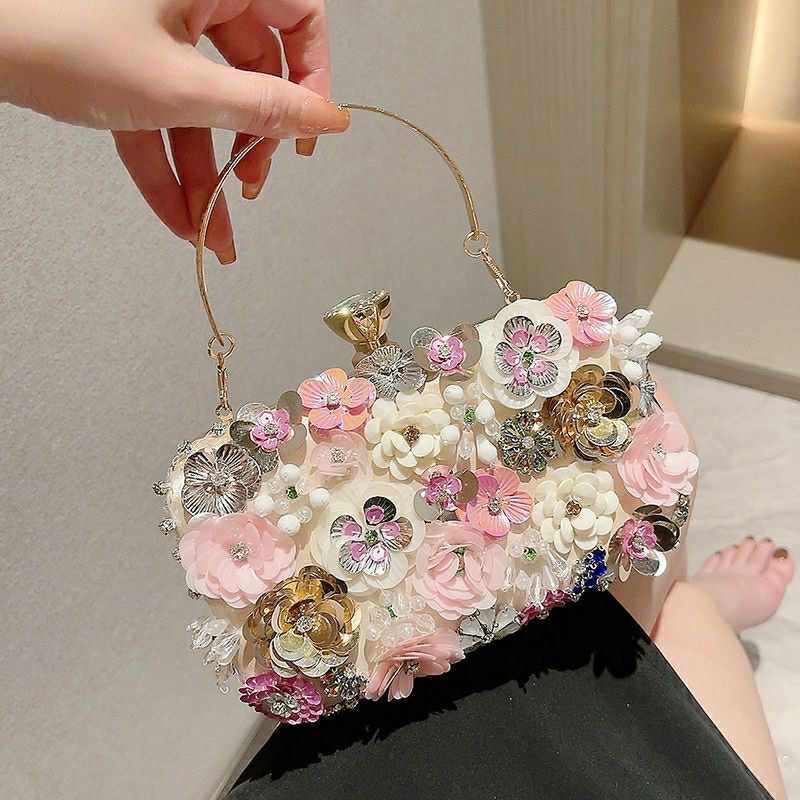 3D Floral Crystal Clutch – Multicolor Handcrafted Bloom Purse with Crown Clasp