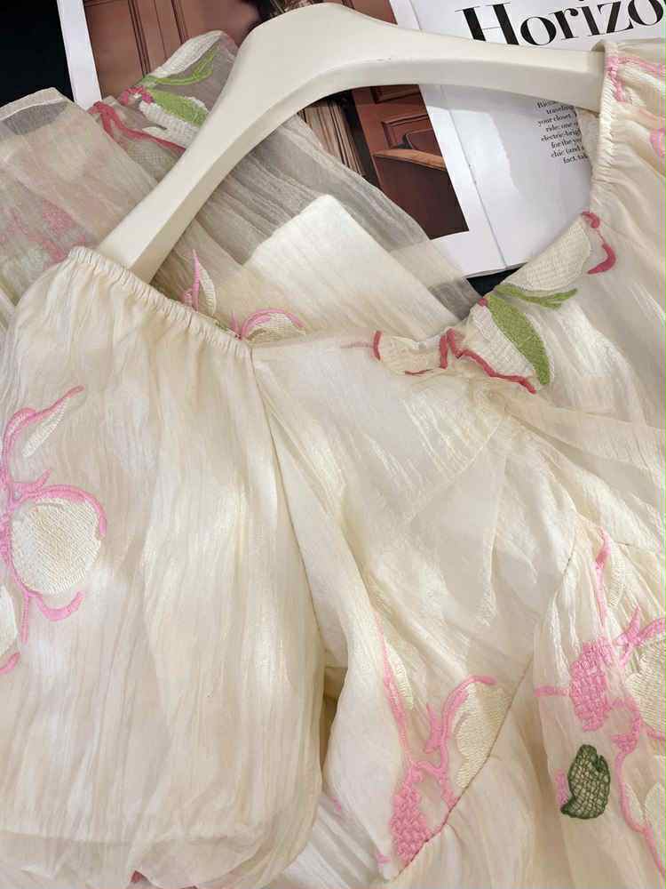 Floral Whisper Organza Dress – Ivory & Rose Embroidery