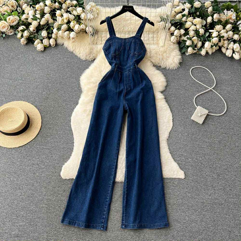 Classic Denim Wide-Leg Jumpsuit – Sleeveless Casual Fit