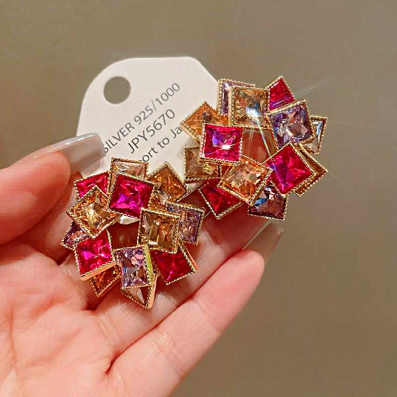 Bold Luxe Crystal Earrings – Multicolor Royal Square Cluster | 925 Silver Plated