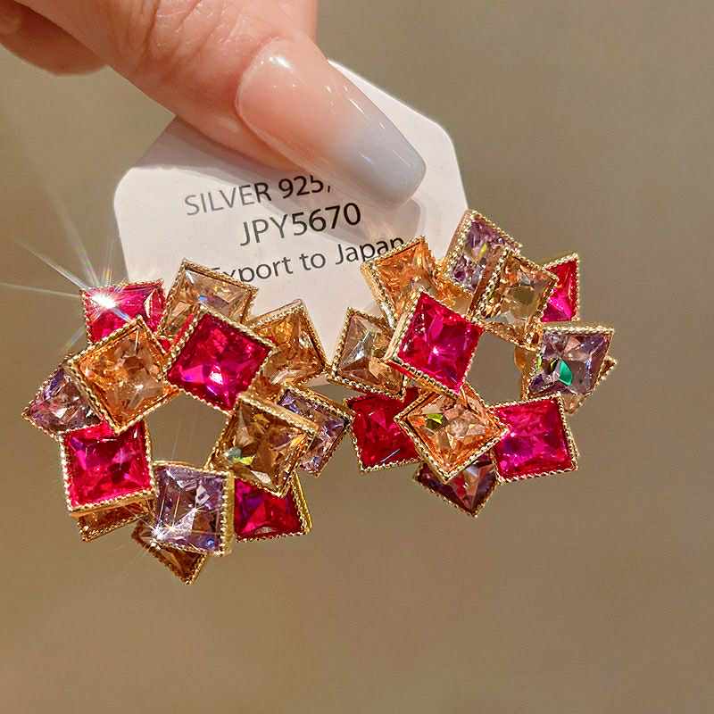 Bold Luxe Crystal Earrings – Multicolor Royal Square Cluster | 925 Silver Plated