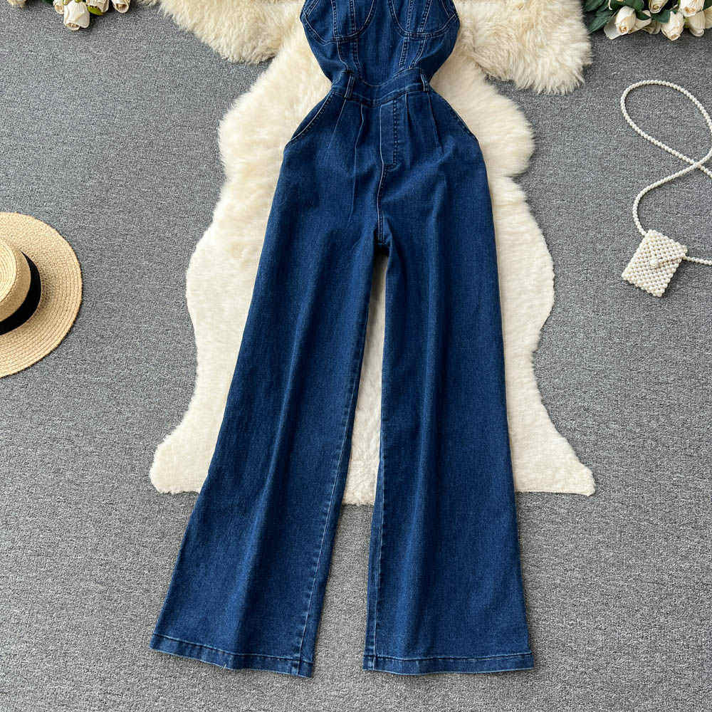 Classic Denim Wide-Leg Jumpsuit – Sleeveless Casual Fit