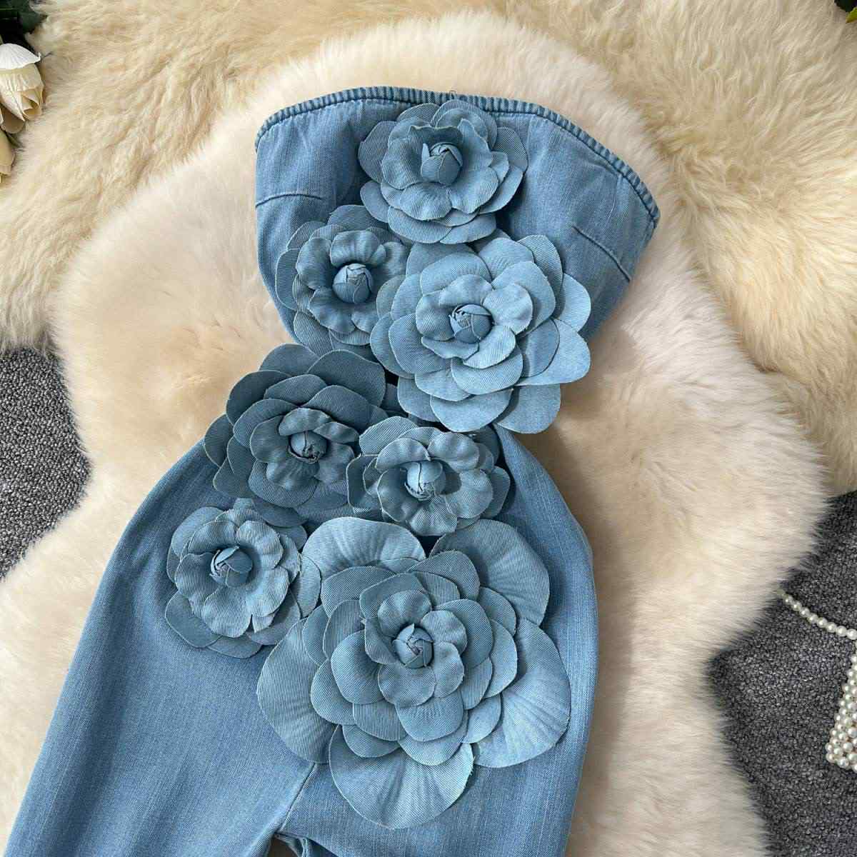 Blue Denim 3D Floral Strapless Jumpsuit – Statement Party Wear