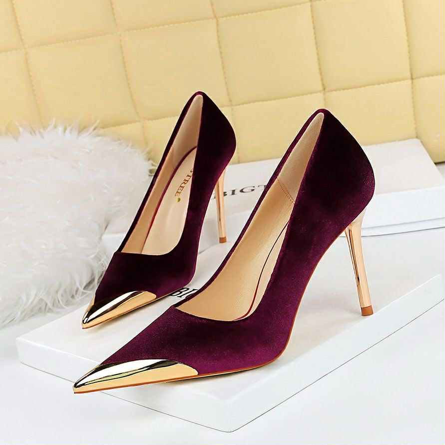 Velvet Gold-Tipped Stiletto Heels – Royal Plum Elegance