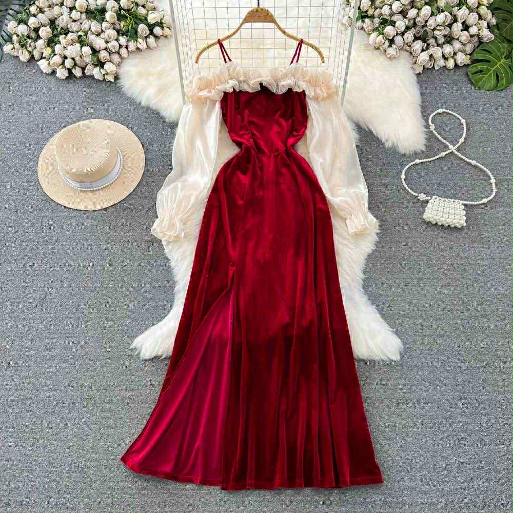 Elegant Rose Wine Gown Set – Off-Shoulder