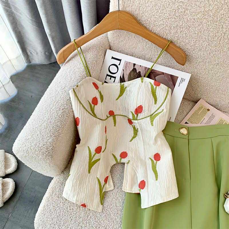 Tulip Print Corset Top & High-Waist Green Skirt – 2 Piece Summer Set