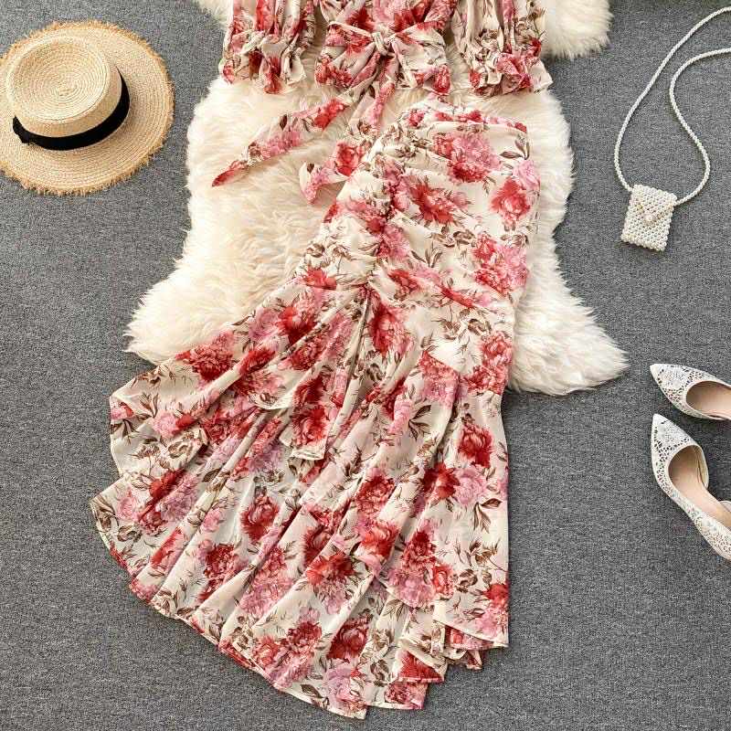 Romantic Ruffle Floral Two-Piece Set – Blouse & Maxi Skirt Ensemble