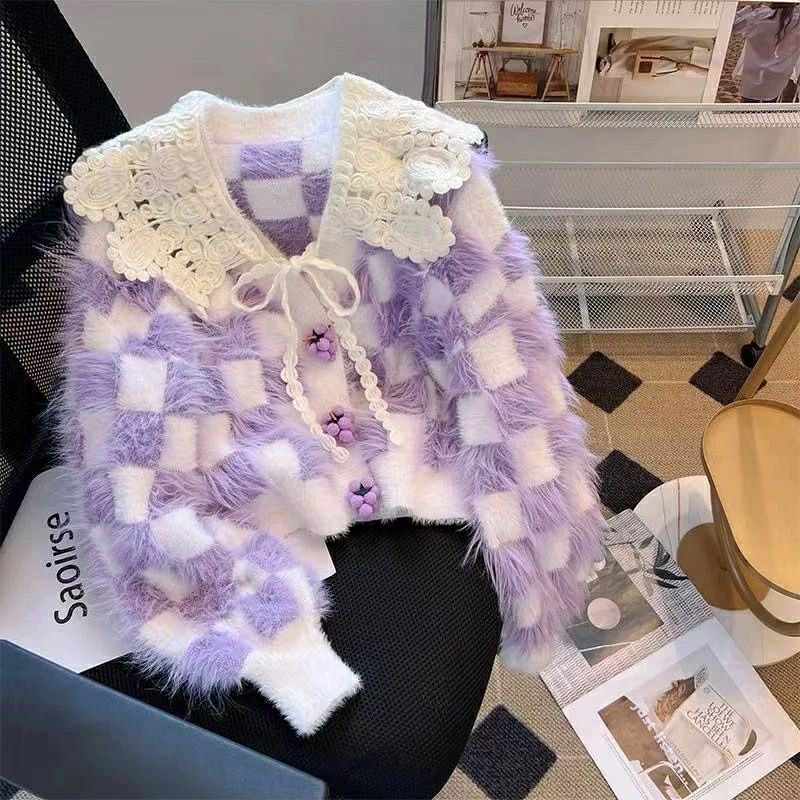 Whimsy Lavender Checkered Knit Cardigan with Lace Collar