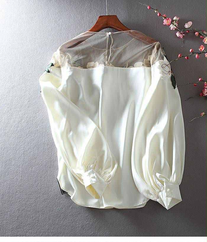 Floral Embroidered Chiffon Blouse – Elegant Sheer Neck Top