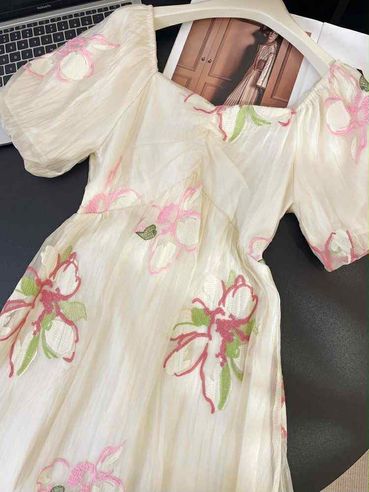 Floral Whisper Organza Dress – Ivory & Rose Embroidery