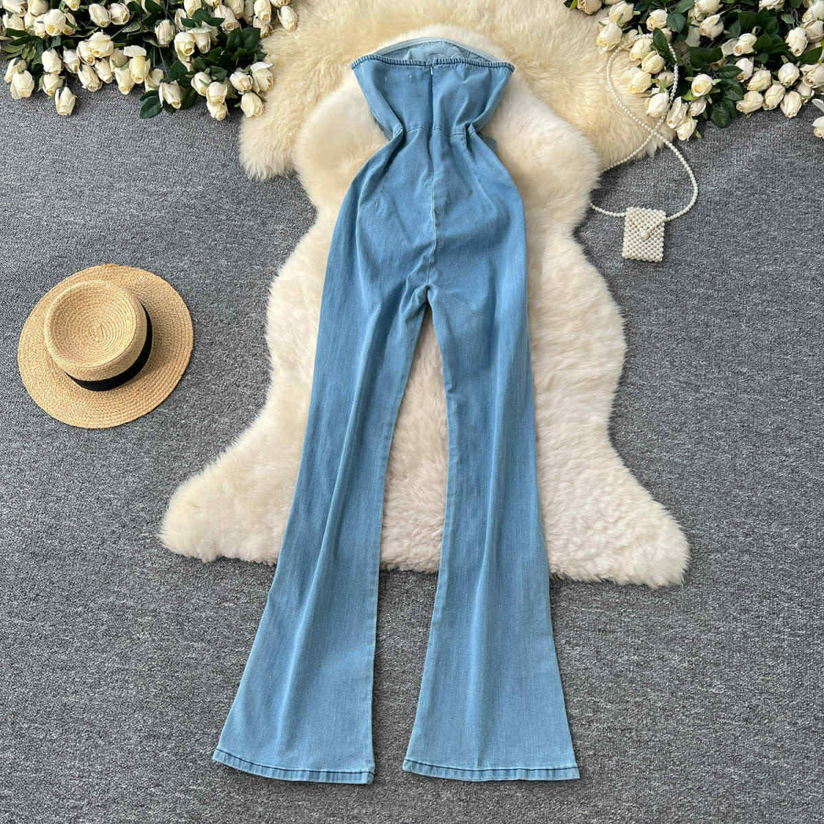 Blue Denim 3D Floral Strapless Jumpsuit – Statement Party Wear