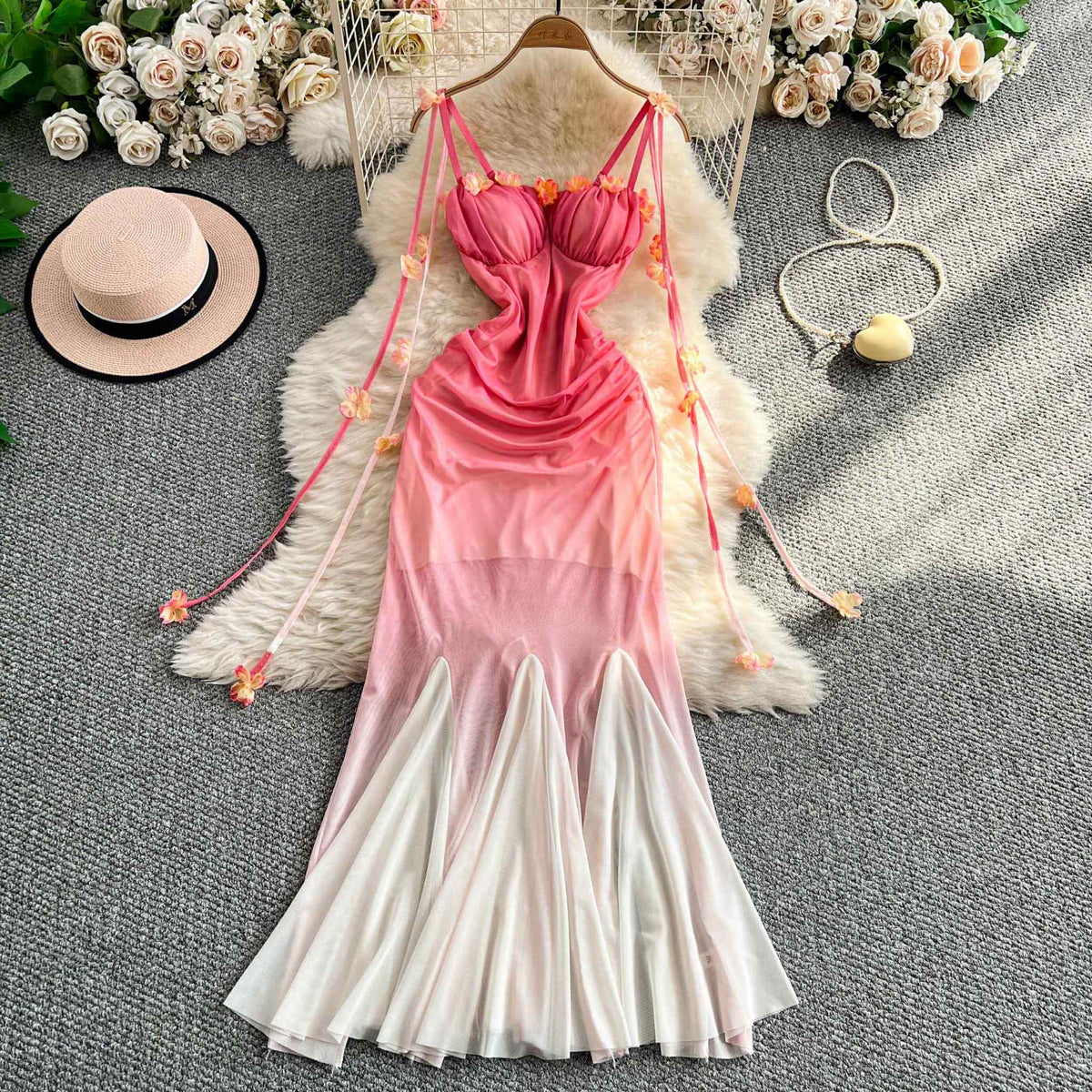 Fairycore Pink Gradient Flower Strap Mermaid Dress – Party & Photoshoot Wear