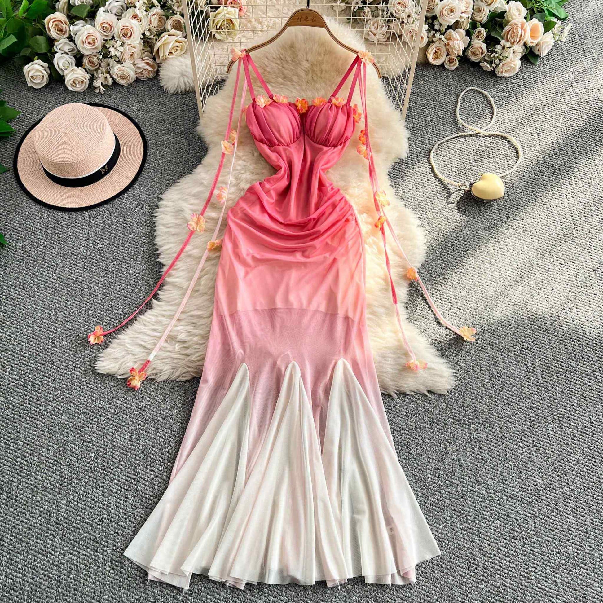 Fairycore Pink Gradient Flower Strap Mermaid Dress – Party & Photoshoot Wear