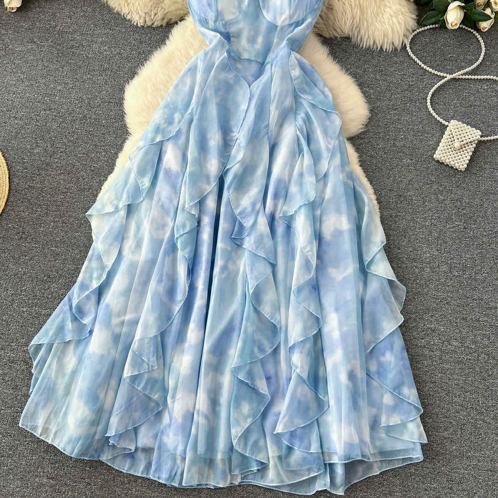 Sky Blue Ruffle Layered Maxi Dress – Spaghetti Strap Gown