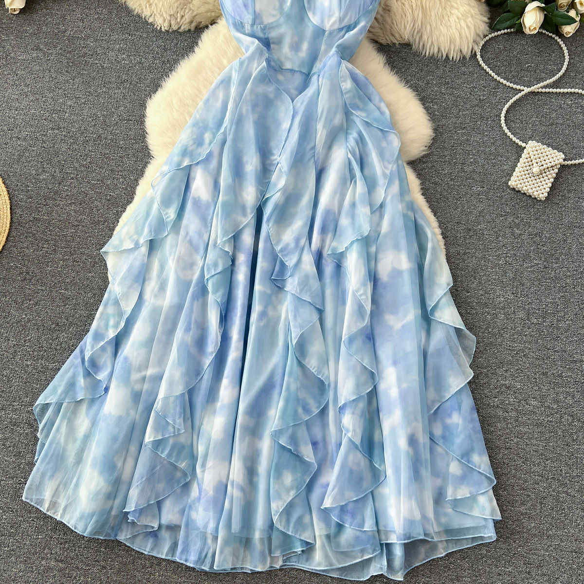 Sky Blue Ruffle Layered Maxi Dress – Spaghetti Strap Gown