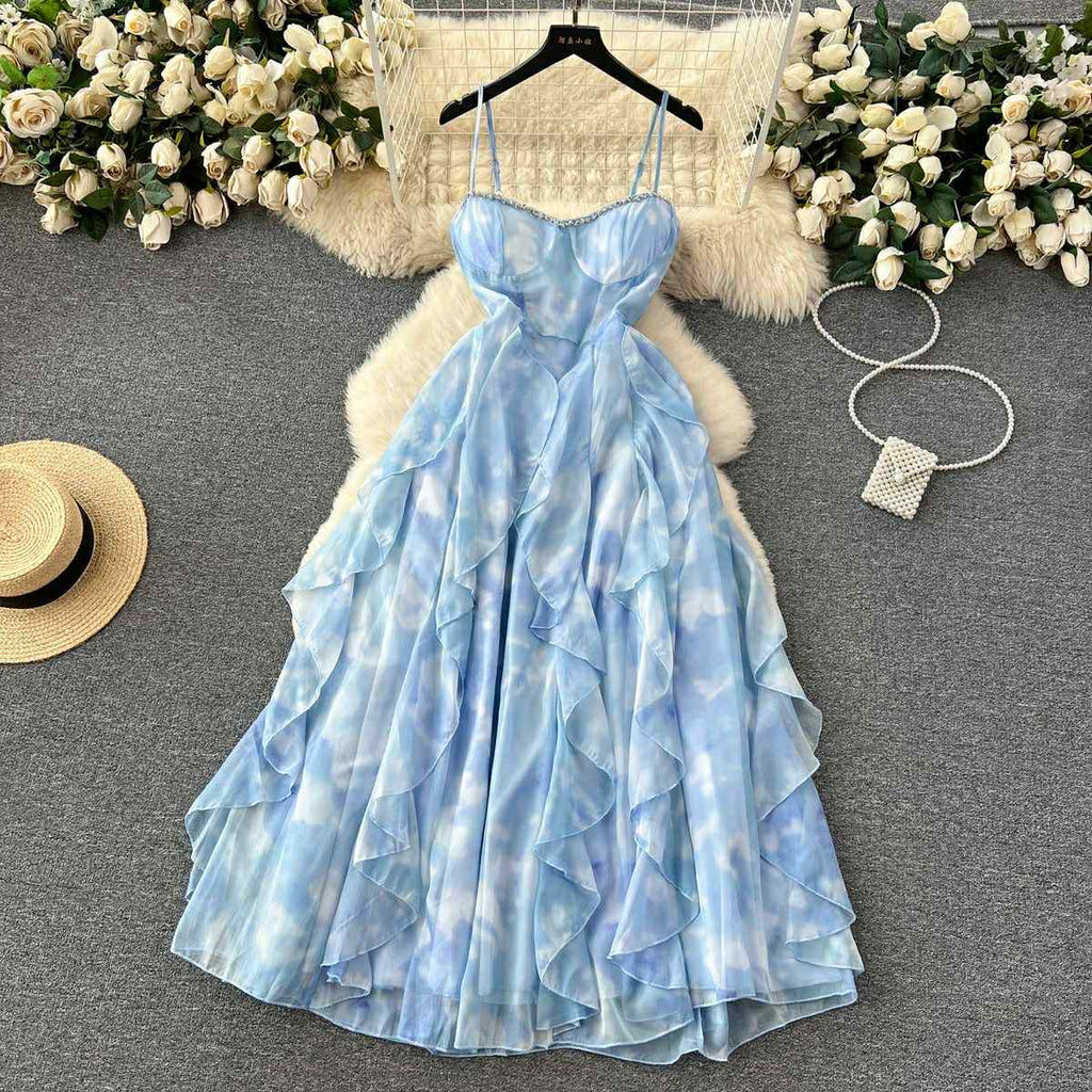 Sky Blue Ruffle Layered Maxi Dress – Spaghetti Strap Gown