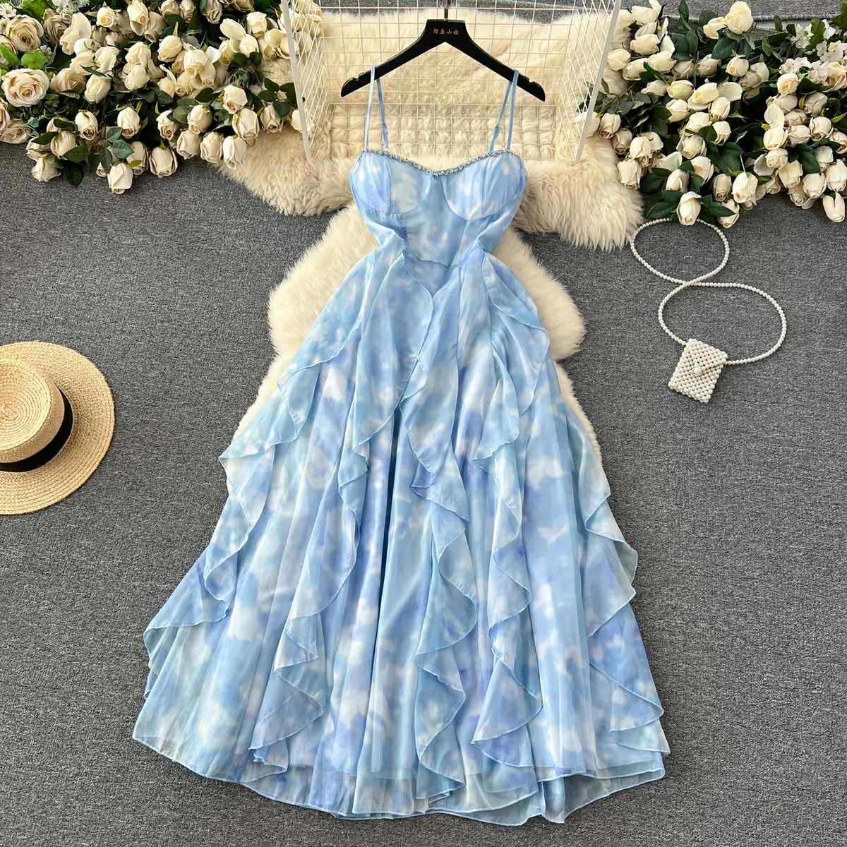 Sky Blue Ruffle Layered Maxi Dress – Spaghetti Strap Gown