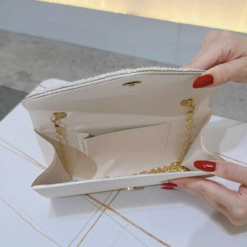 Champagne Crystal Trim Pleated Clutch – Elegant Bridal & Party Purse