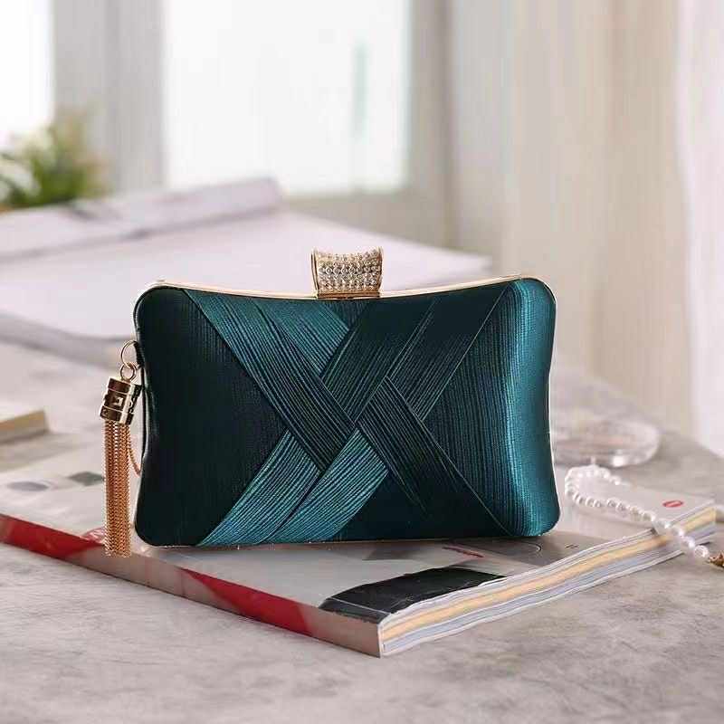 Emerald Satin Clutch with Rhinestone Clasp & Gold Chain – Glam Evening Purse