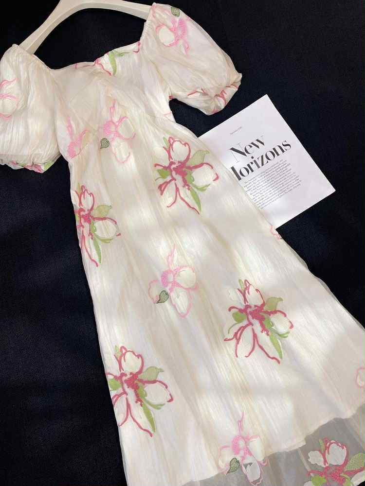 Floral Whisper Organza Dress – Ivory & Rose Embroidery