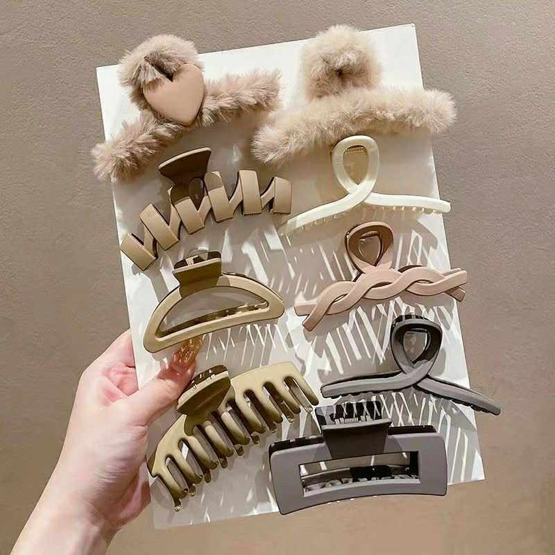 Neutral Matte & Fur Hair Clip Set – 9pcs Premium Collection