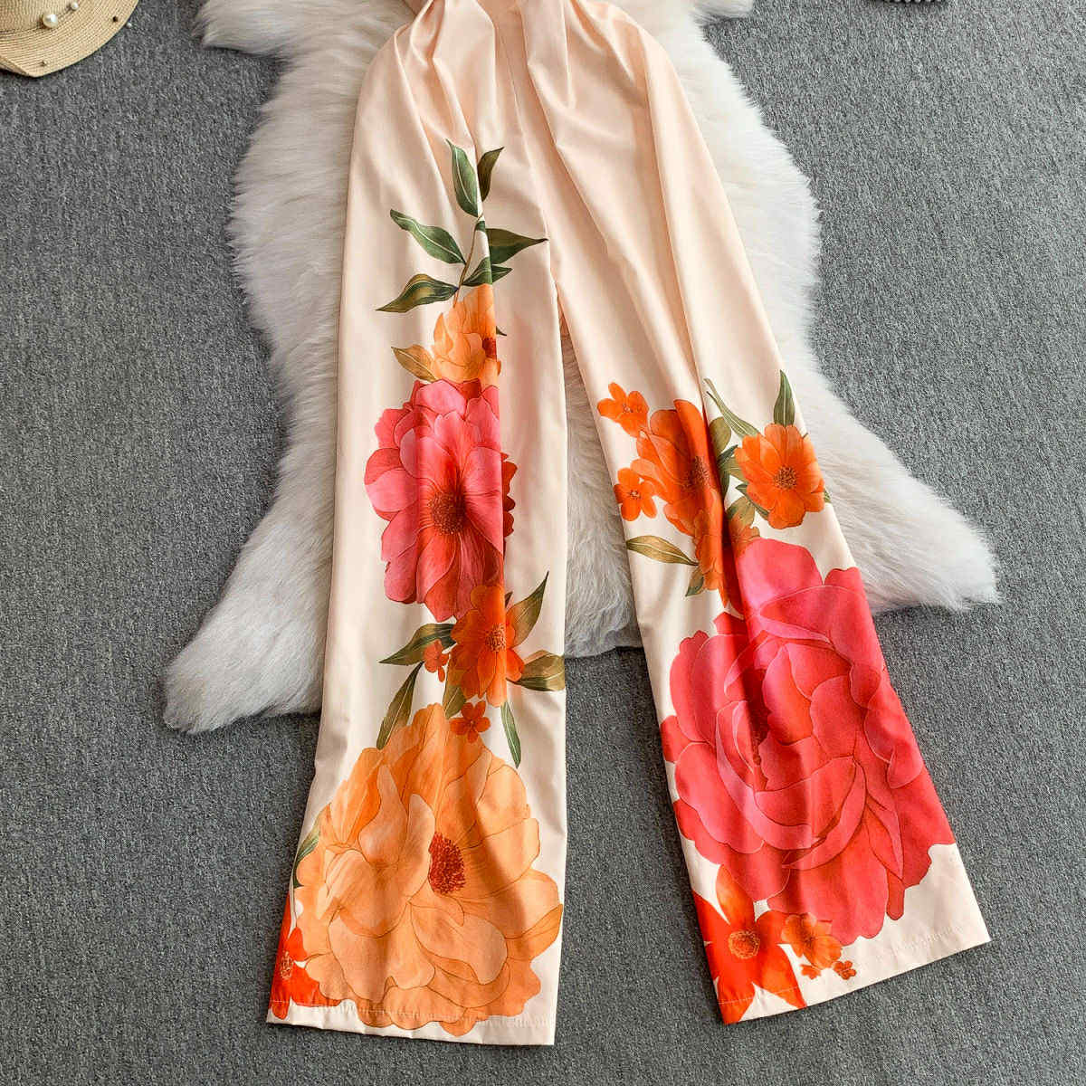 Peach Floral Wide-Leg Jumpsuit – Summer Elegance