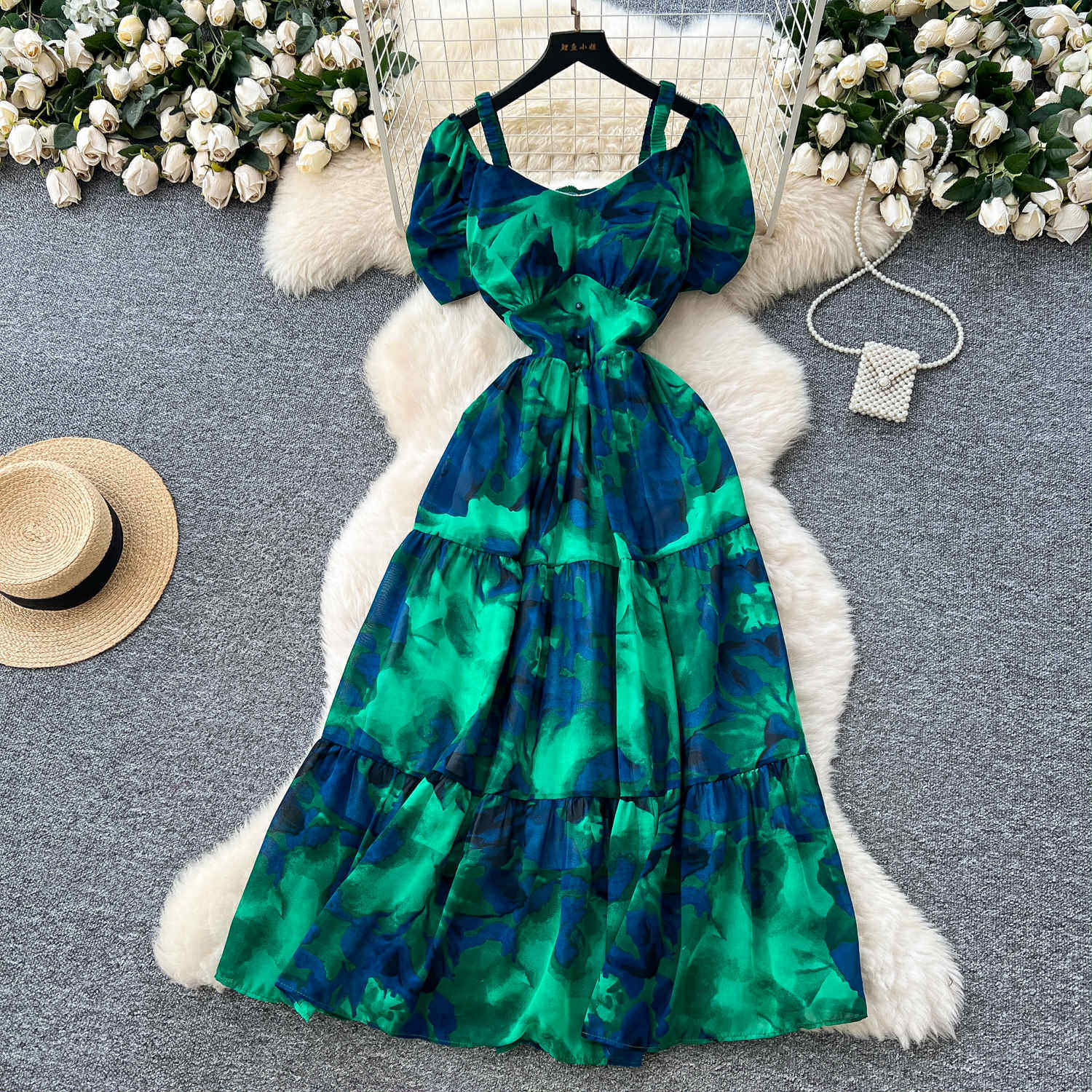 Emerald Blue Floral Summer Dress – Puff Sleeves & Tiered Skirt