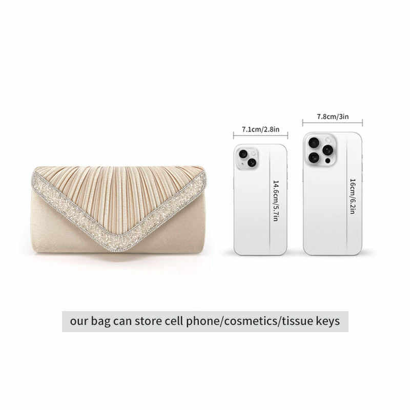 Champagne Crystal Trim Pleated Clutch – Elegant Bridal & Party Purse