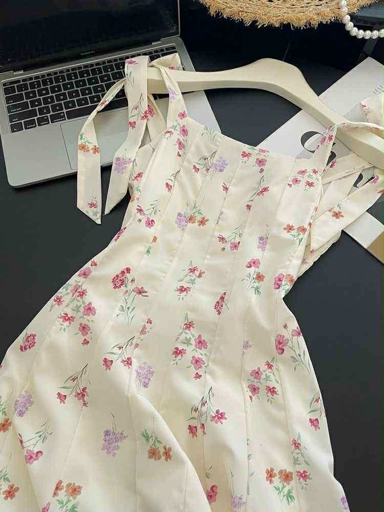 Soft Cream Floral Tie-Strap Sundress – Summer & Casual Wear