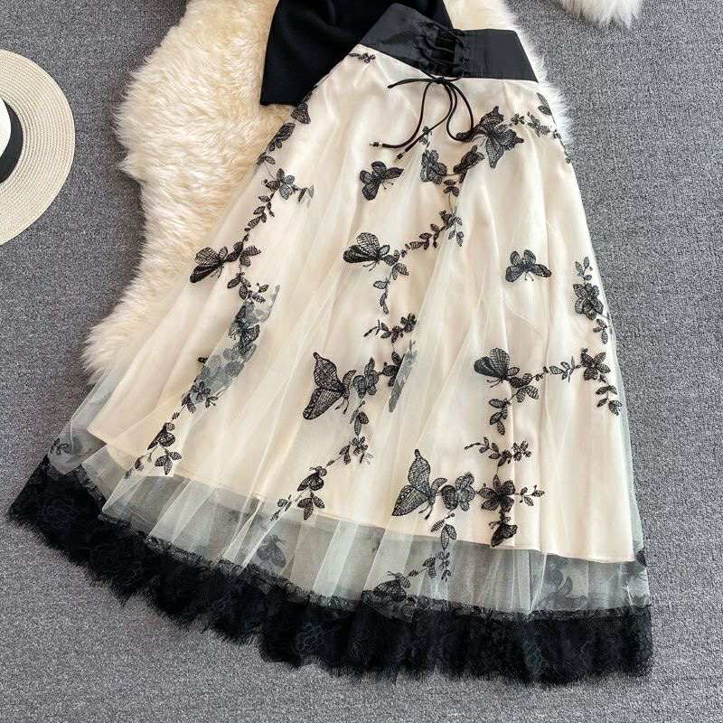 Butterfly Embroidered Mesh Skirt Set – Elegant Black & White Two-Piece
