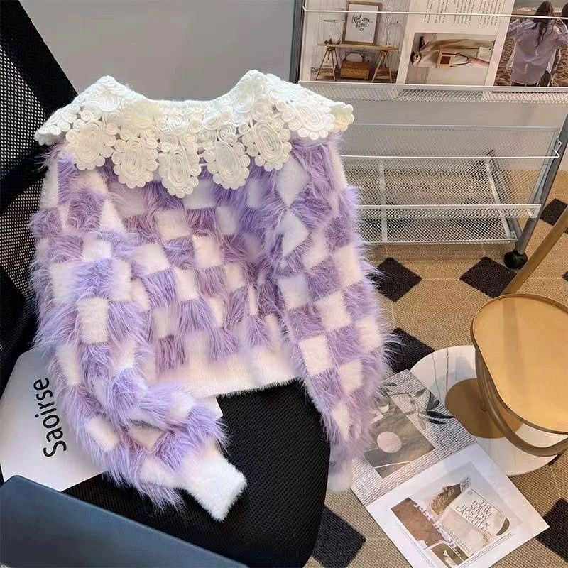 Whimsy Lavender Checkered Knit Cardigan with Lace Collar
