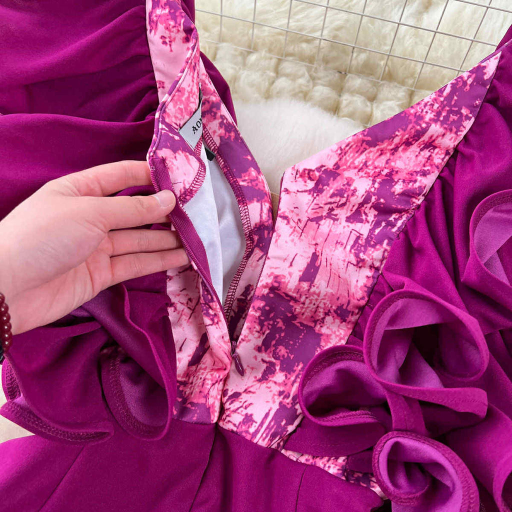 Fuchsia Ruffle V-Neck Wide-Leg Jumpsuit – Glamorous Party Wear