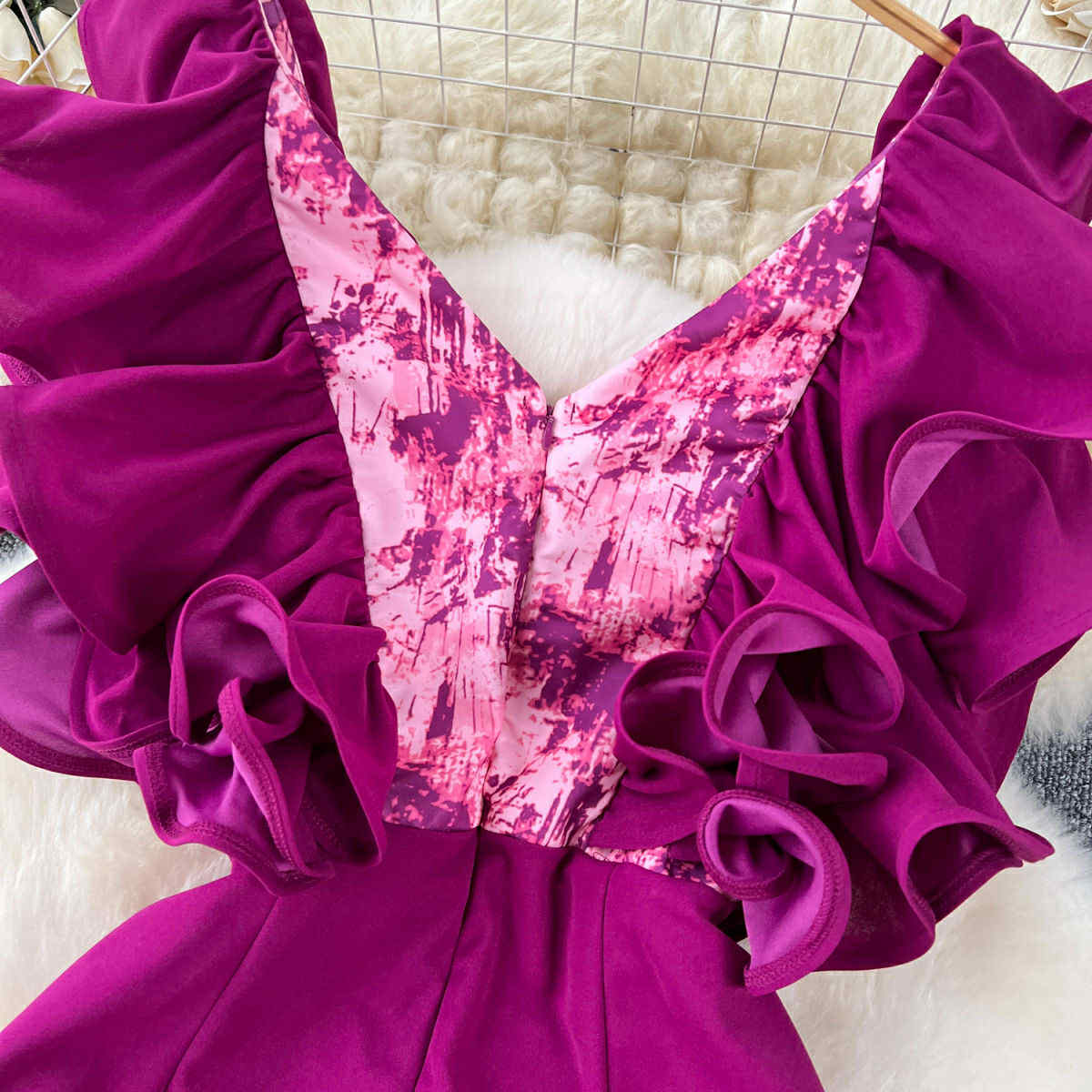 Fuchsia Ruffle V-Neck Wide-Leg Jumpsuit – Glamorous Party Wear