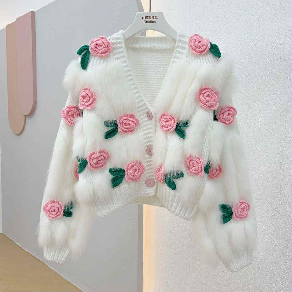 Blush Garden Furry Knit Cardigan – 3D Rose Embroidery